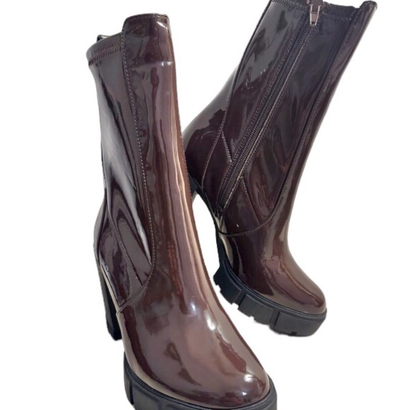 Aldo Illanna brown patent pull-on lug sole heeled ankle boots size 10 new - Picture 10 of 15